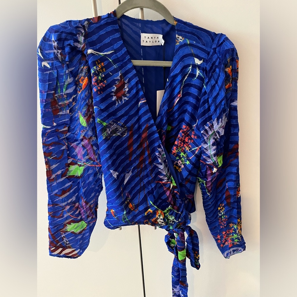 Tanya Taylor Erica Surreal Blue Burnout Silk Wrap Tie Blouse